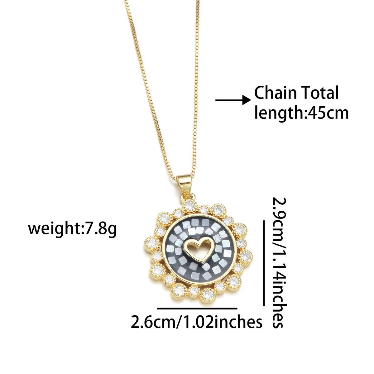 Copper 18K Gold Plated Simple Style Enamel Inlay Round Heart Shape Shell Zircon Pendant Necklace