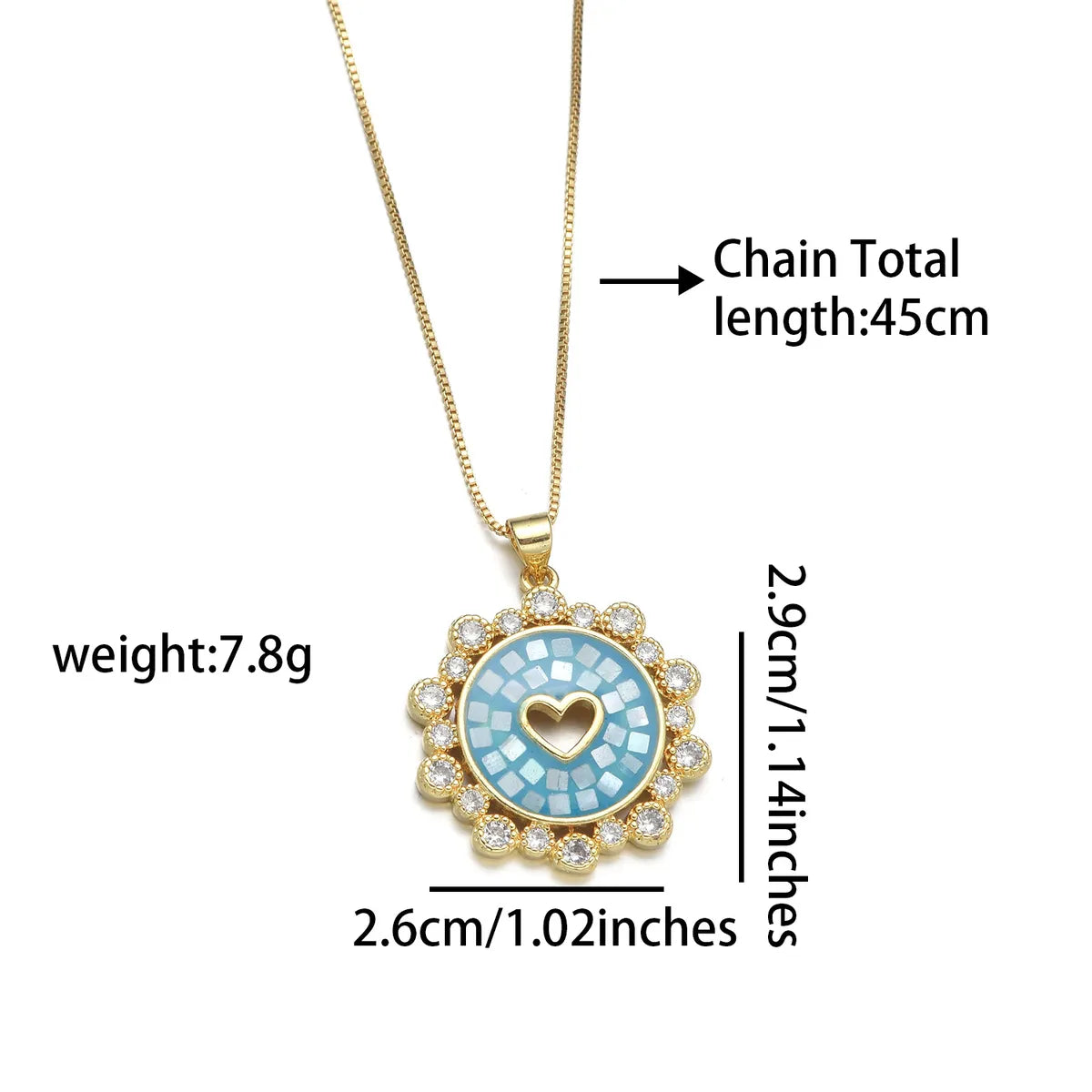 Copper 18K Gold Plated Simple Style Enamel Inlay Round Heart Shape Shell Zircon Pendant Necklace