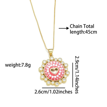 Copper 18K Gold Plated Simple Style Enamel Inlay Round Heart Shape Shell Zircon Pendant Necklace