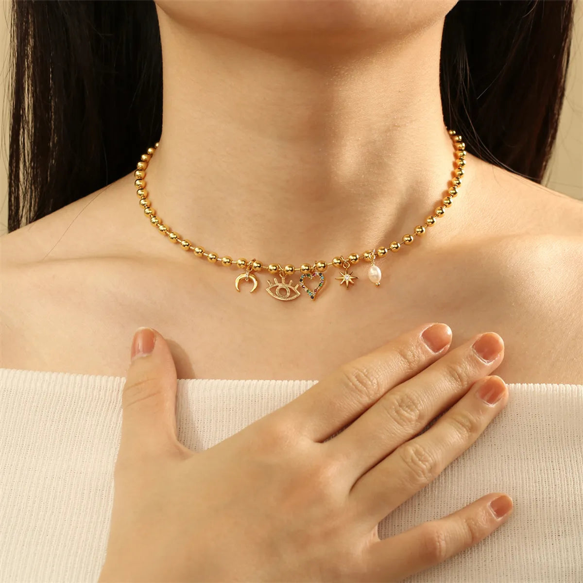 Copper 18K Gold Plated Simple Style Heart Shape Zircon Choker