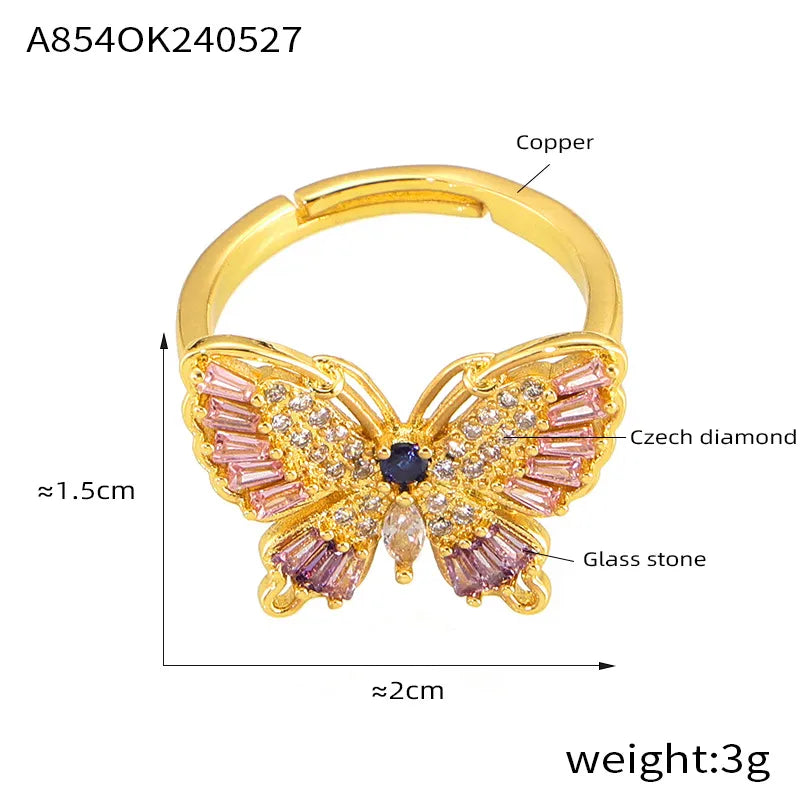 Copper 18K Gold Plated Simple Style Korean Style Inlay Butterfly Rhinestones Open Rings