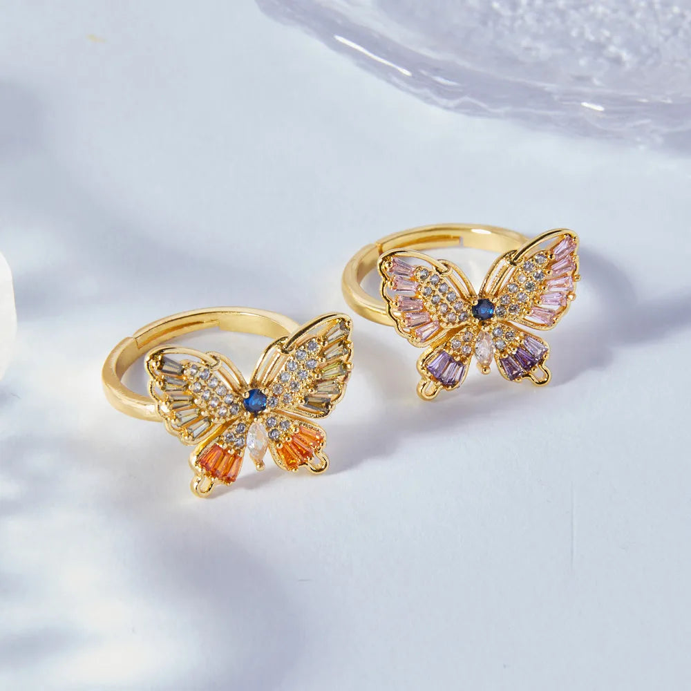 Copper 18K Gold Plated Simple Style Korean Style Inlay Butterfly Rhinestones Open Rings