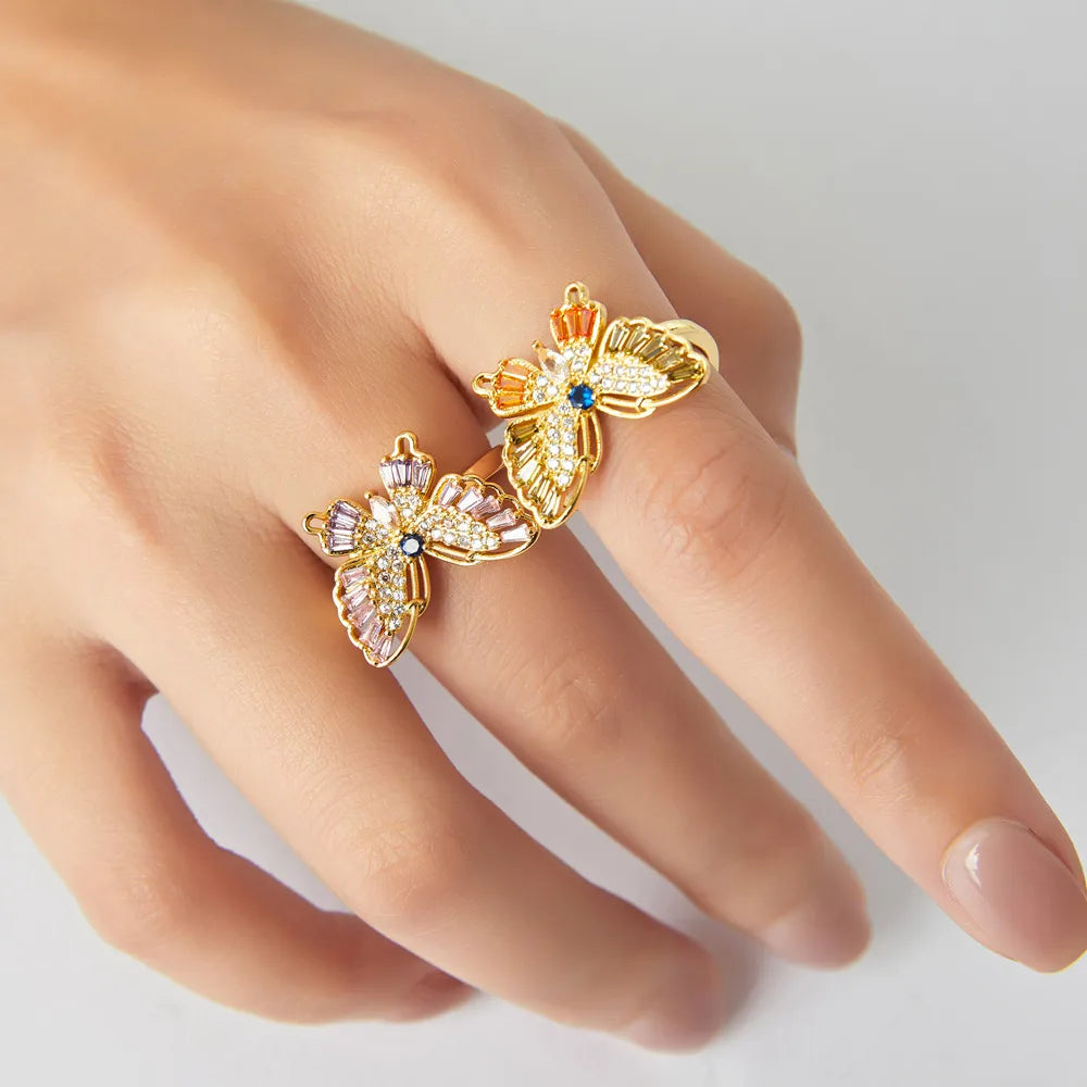 Copper 18K Gold Plated Simple Style Korean Style Inlay Butterfly Rhinestones Open Rings