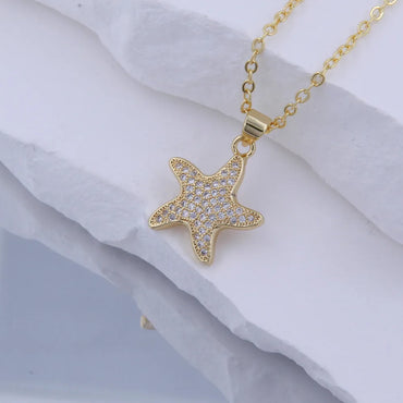 Copper 18K Gold Plated Starfish Zircon Pendant Necklace