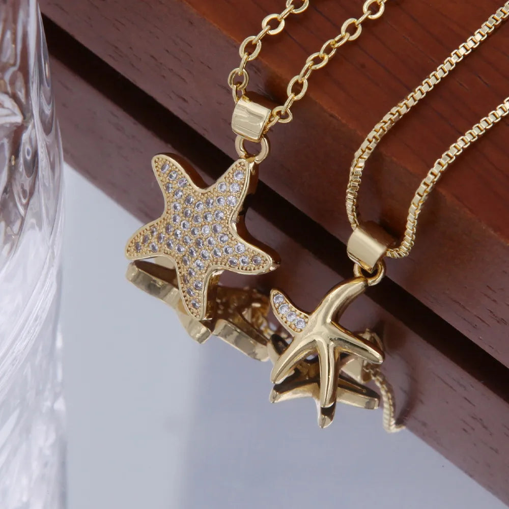 Copper 18K Gold Plated Starfish Zircon Pendant Necklace