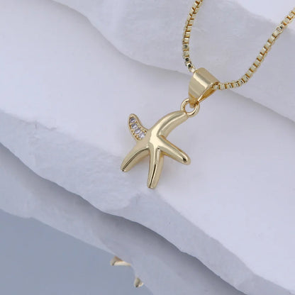 Copper 18K Gold Plated Starfish Zircon Pendant Necklace