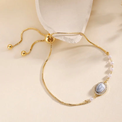 Copper 18K Gold Plated Vacation Simple Style Pearl Plating Inlay Round Turquoise Zircon Bracelets