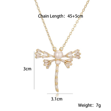 Copper 18K Gold Plated Vintage Style Commute Shiny Inlay Dragonfly Pearl Zircon Pendant Necklace