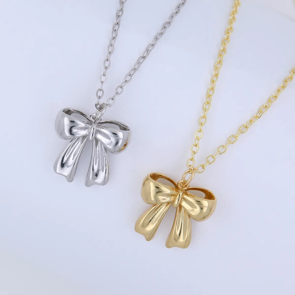 Copper 18K Gold Plated White Gold Plated Cute Solid Color Plating Bow Knot Pendant Necklace