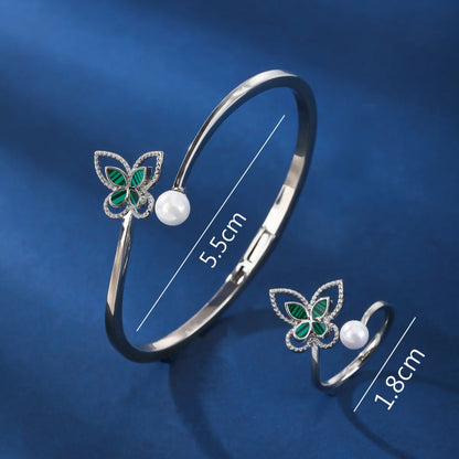 Copper 18K Gold Plated White Gold Plated Glam Luxurious Plating Inlay Butterfly Artificial Pearls Malachite Rings Bracelets