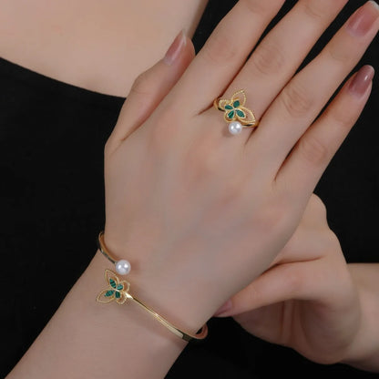 Copper 18K Gold Plated White Gold Plated Glam Luxurious Plating Inlay Butterfly Artificial Pearls Malachite Rings Bracelets