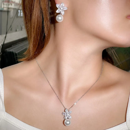 Copper 18K Gold Plated White Gold Plated Inlay Tassel Pearl Zircon Earrings Necklace Jewelry Set