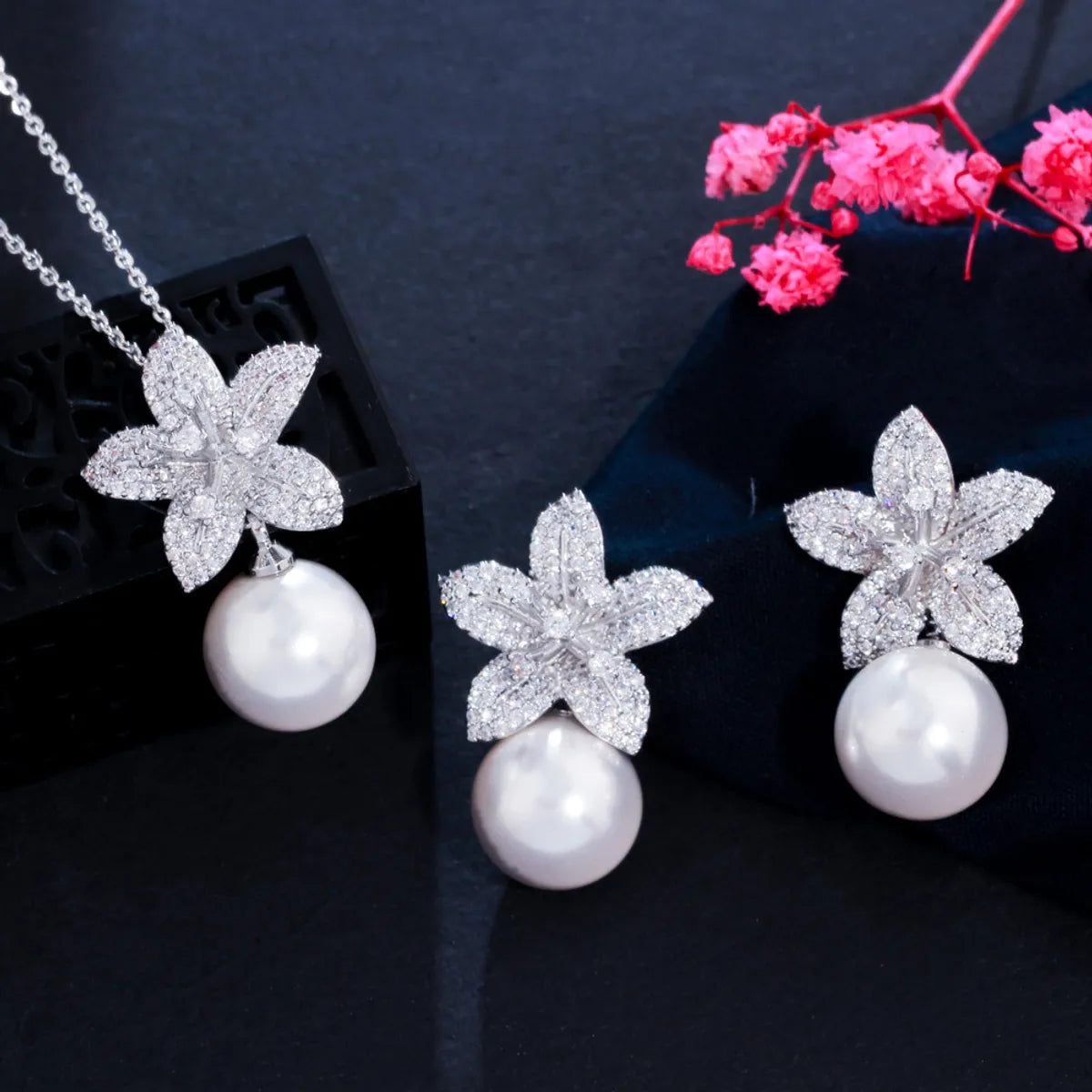 Copper 18K Gold Plated White Gold Plated Inlay Tassel Pearl Zircon Earrings Necklace Jewelry Set