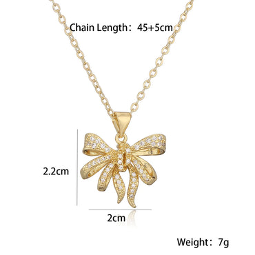 Copper 18K Gold Plated White Gold Plated Retro Sweet Shiny Inlay Bow Knot Zircon Pendant Necklace