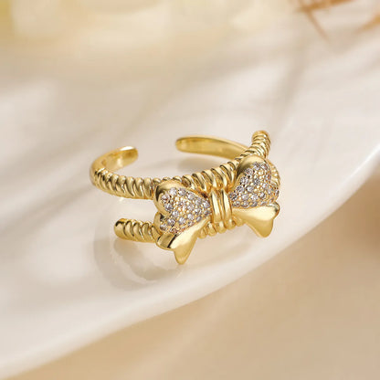 Copper 18K Gold Plated White Gold Plated Simple Style Commute Inlay Bow Knot Zircon Open Rings