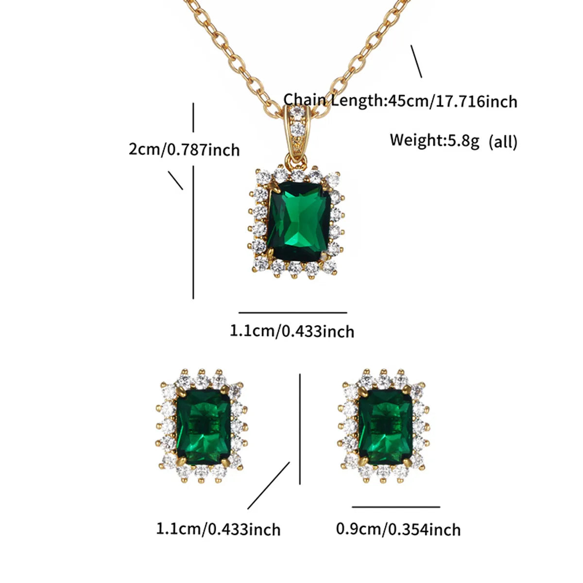 Copper 24K Gold Plated Elegant Lady Simple Style Plating Inlay Rectangle Artificial Gemstones Earrings Necklace Jewelry Set