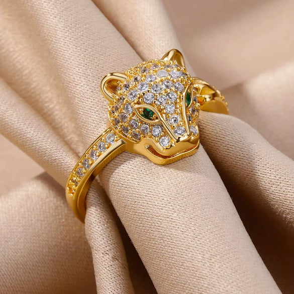 Copper Animal Leopard Head Open Ring Electroplated With Colorful Zircon Microinlay