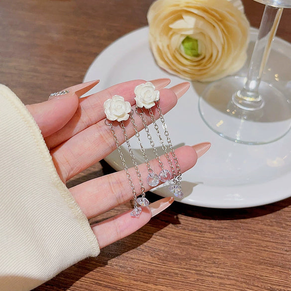 Copper Asymmetric Flower Tassel Earrings Inlaid Zircon Simple Fashion For Women