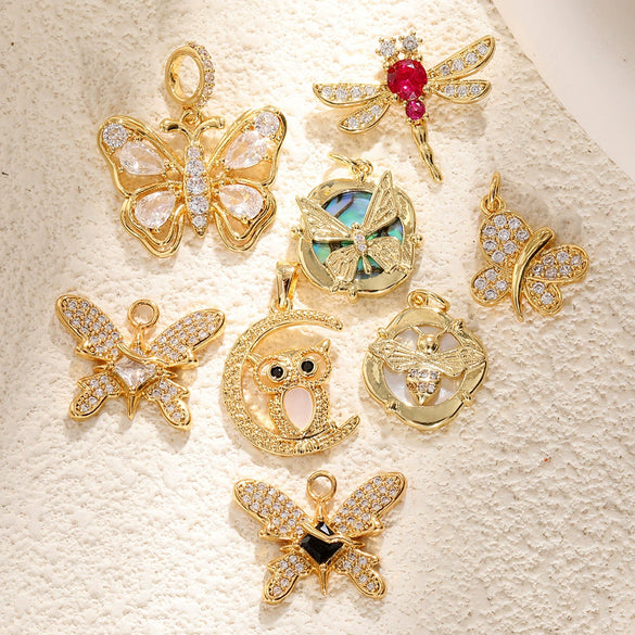 Copper Bee Butterfly Dragonfly Owl Dripping Oil Style Necklace Pendant Diy Accessories With Zircon Abalone Shellfish White Shellfish