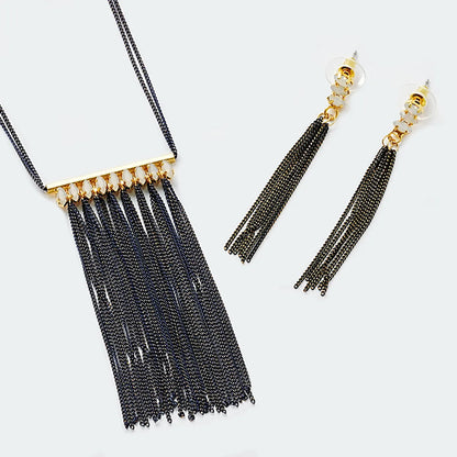 Copper Black Nickel Plating Elegant Glam Tassel Inlay Glass Stone Earrings Necklace