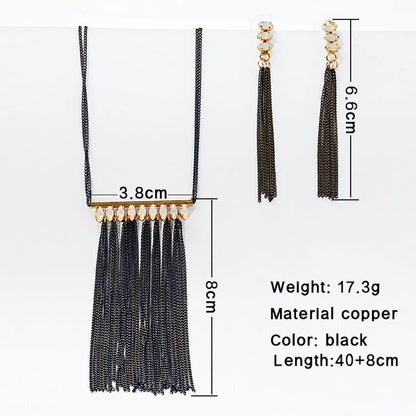 Copper Black Nickel Plating Elegant Glam Tassel Inlay Glass Stone Earrings Necklace