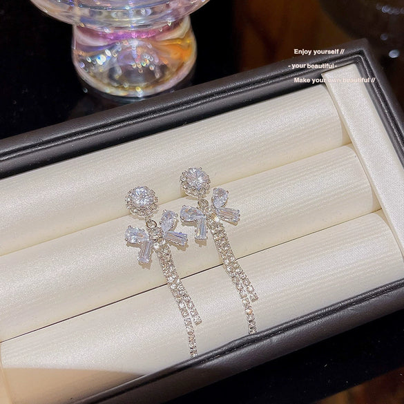 Copper Bow Earrings Inlaid Zircon Light Luxury Highend Elegant Niche Design