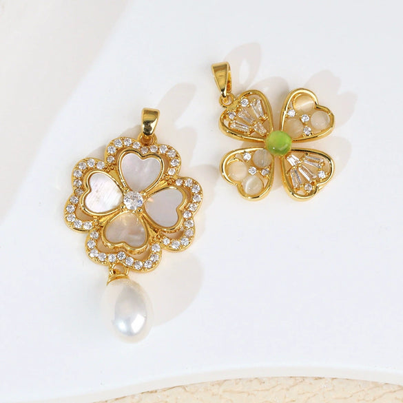 Copper Brushed Zircon Fourleaf Clover Flower Electroplated Necklace Pendant For Women