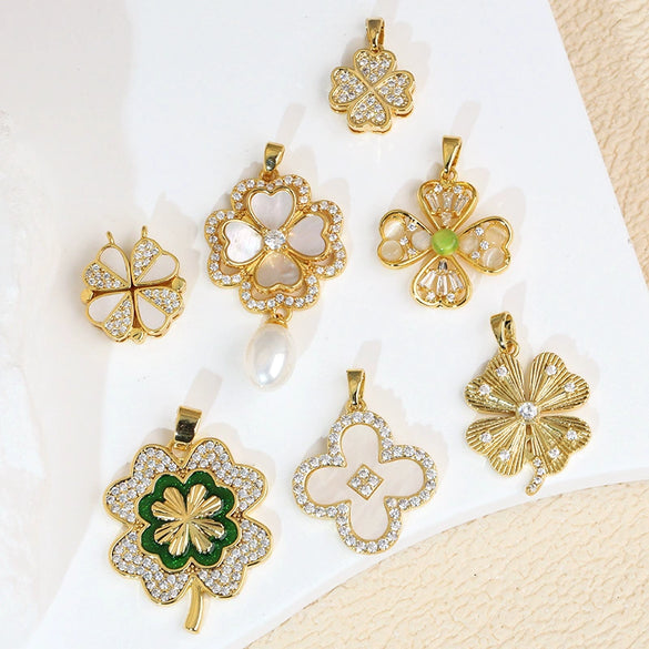 Copper Brushed Zircon Fourleaf Clover Flower Electroplated Necklace Pendant For Women