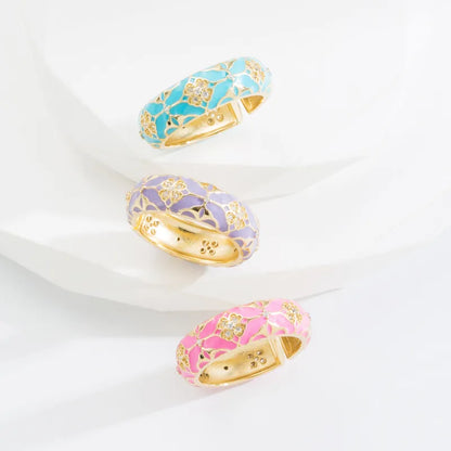 Copper Casual Simple Style Enamel Inlay Geometric Zircon Open Rings