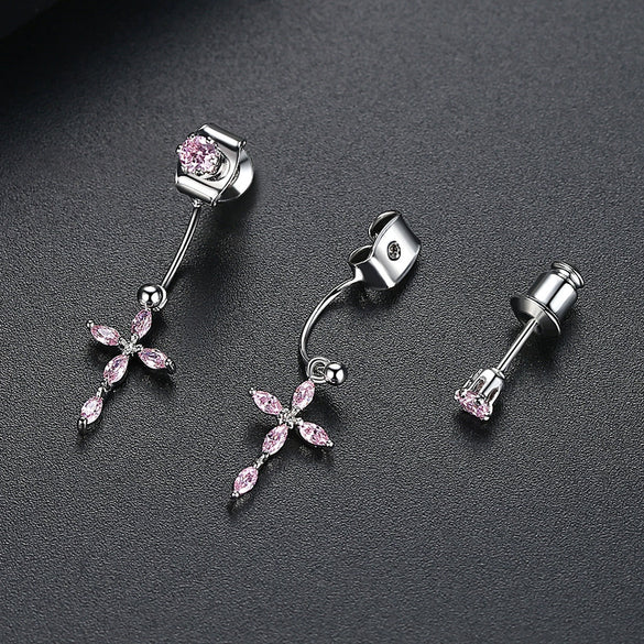 Copper Cross Earrings With Zircon Inlay Detachable Twoway Design Electroplated Geometric Fashion Jewelry For Women