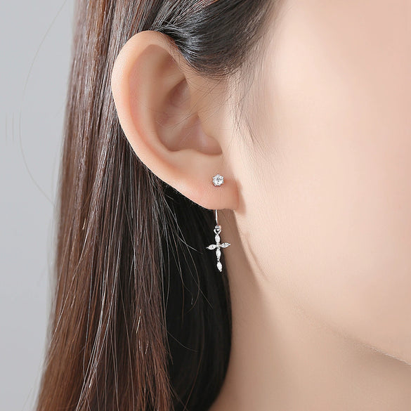 Copper Cross Earrings With Zircon Inlay Detachable Twoway Design Electroplated Geometric Fashion Jewelry For Women