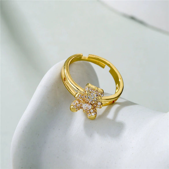 Copper Cute Bear Opening Design Adjustable Ring With 18K Gold Plated And Micro Set Zircon In Geometric Pattern
