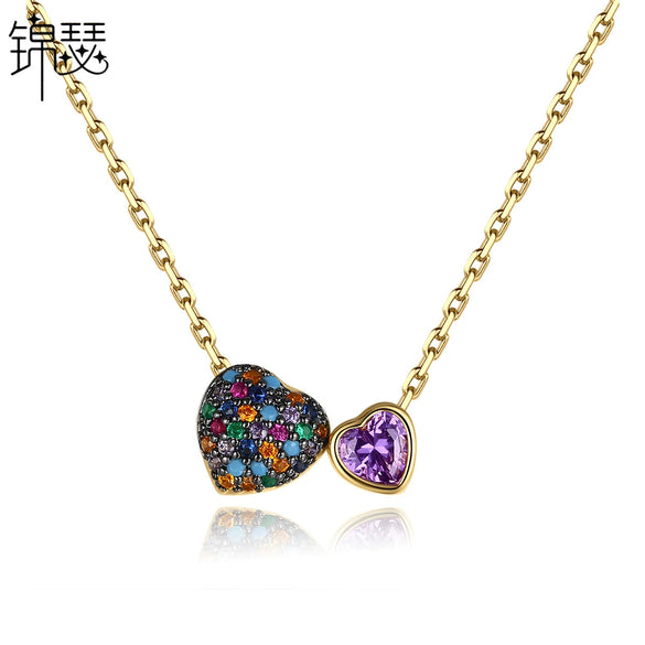 Copper Double Heart Pendant Necklace With Zircon Inlay Heart Design Clavicle Chain Jewelry