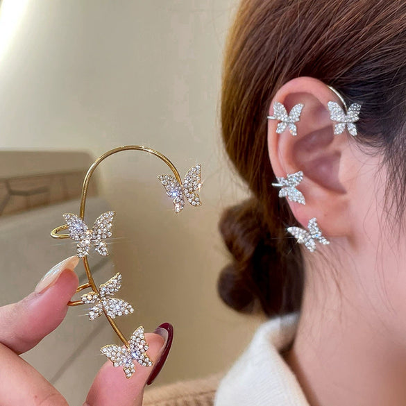 Copper Electroplated Butterfly Ear Clip Earrings Floral Inlay One Piece Ear Cuff Style For Women Without Pierced Ears