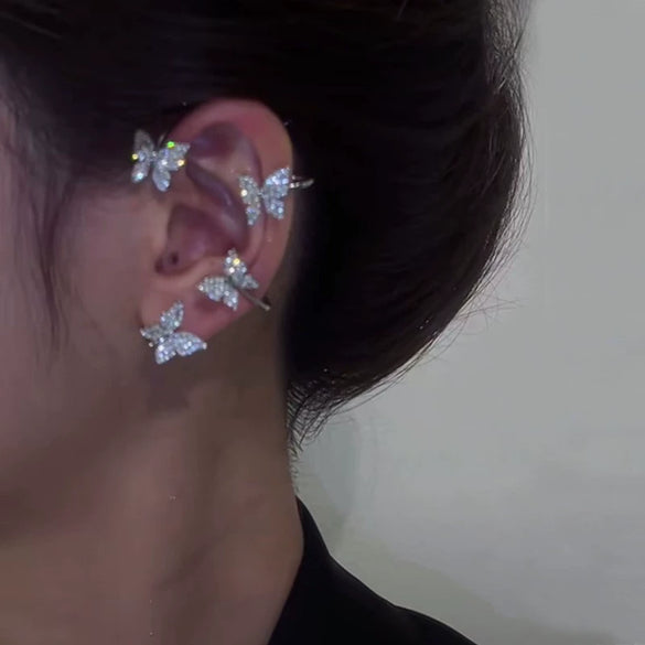 Copper Electroplated Butterfly Ear Clip Earrings Floral Inlay One Piece Ear Cuff Style For Women Without Pierced Ears