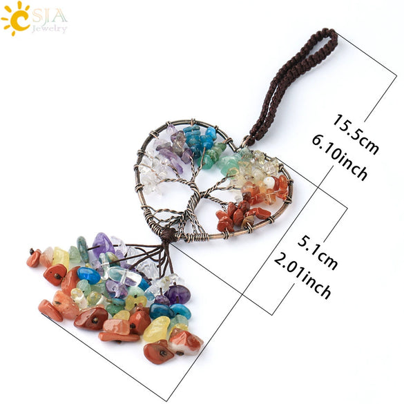 Copper Electroplated Crystal And Colorful Stone Heart And Round Tree Of Life Pendant Hanging Accessory With Floral Ancient Style