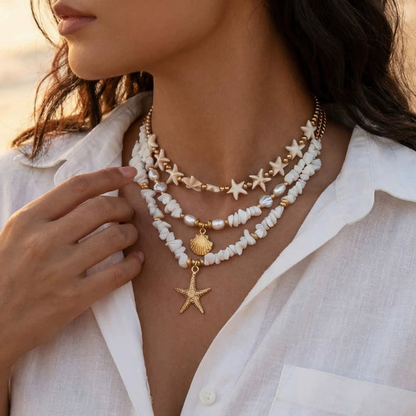 Copper Electroplated Starfish And Shell Pendant Necklace With Regular Chain Vacation Style Ocean Animal Clavicle Chain For Women