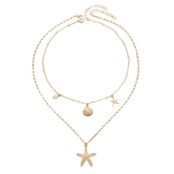 Copper Electroplated Starfish And Shell Pendant Necklace With Regular Chain Vacation Style Ocean Animal Clavicle Chain For Women