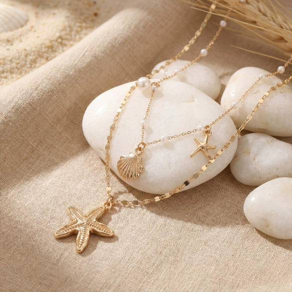 Copper Electroplated Starfish And Shell Pendant Necklace With Regular Chain Vacation Style Ocean Animal Clavicle Chain For Women