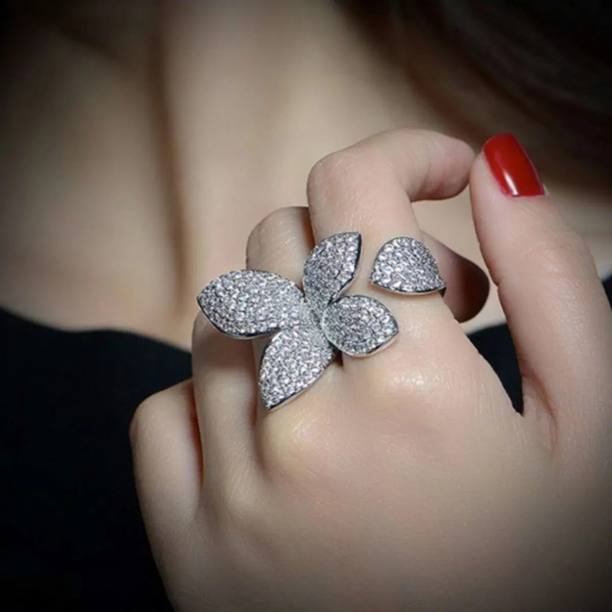 Copper Elegant Lady Streetwear Inlay Leaf Flower Zircon Open Rings