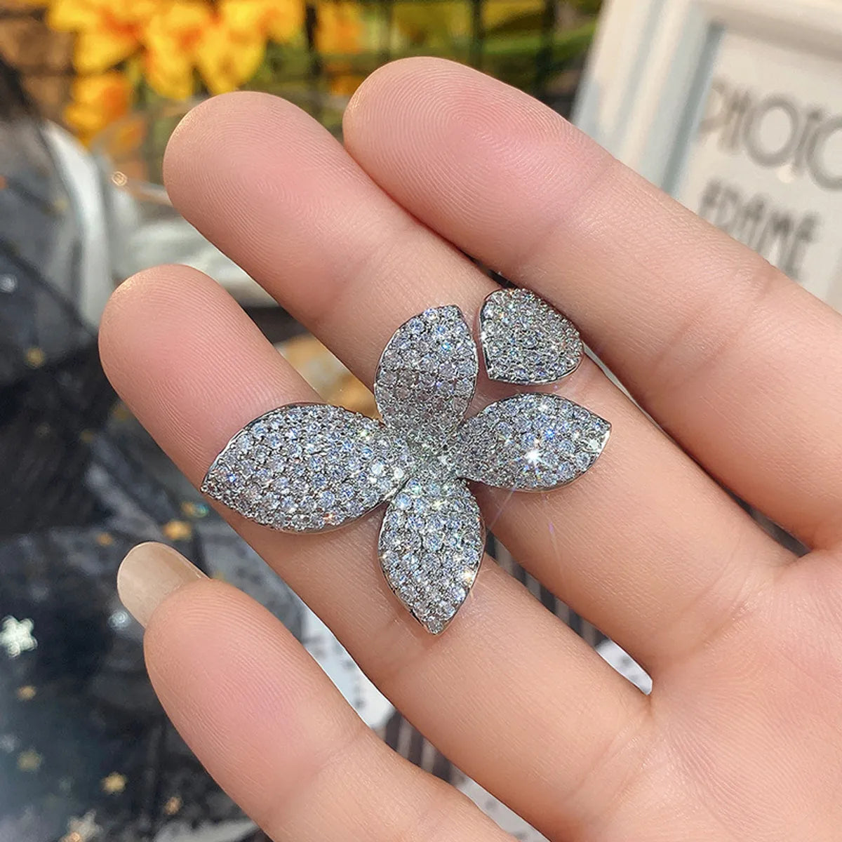 Copper Elegant Lady Streetwear Inlay Leaf Flower Zircon Open Rings