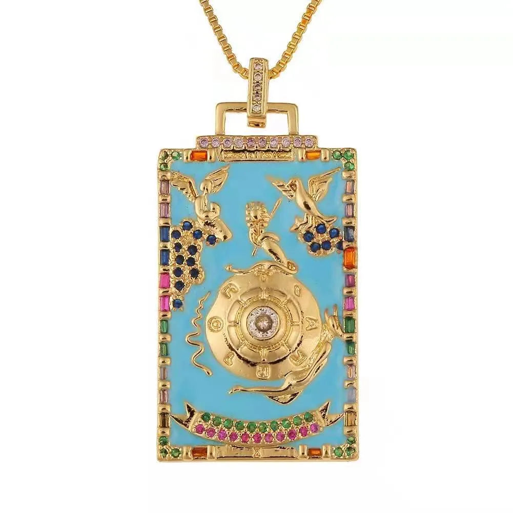 Copper Enamel Card Zircon Pendant Necklace