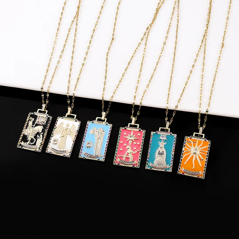 Copper Enamel Card Zircon Pendant Necklace