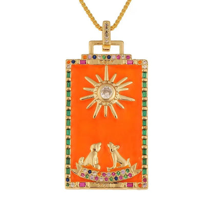 Copper Enamel Card Zircon Pendant Necklace