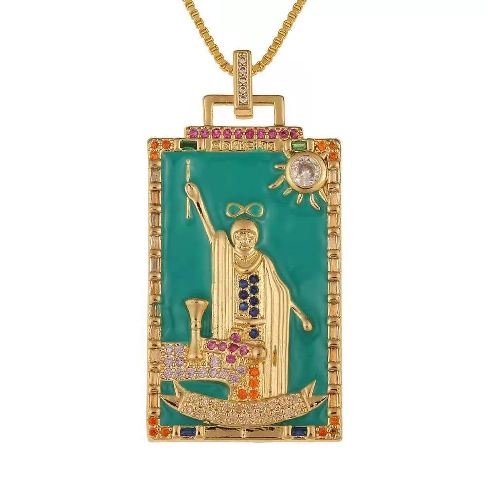 Copper Enamel Card Zircon Pendant Necklace