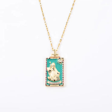 Copper Enamel Card Zircon Pendant Necklace