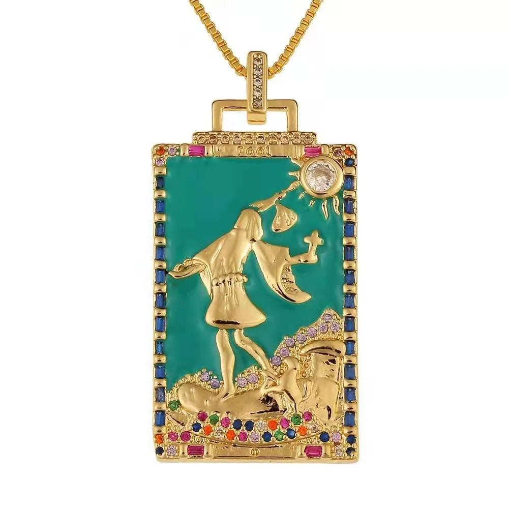 Copper Enamel Card Zircon Pendant Necklace