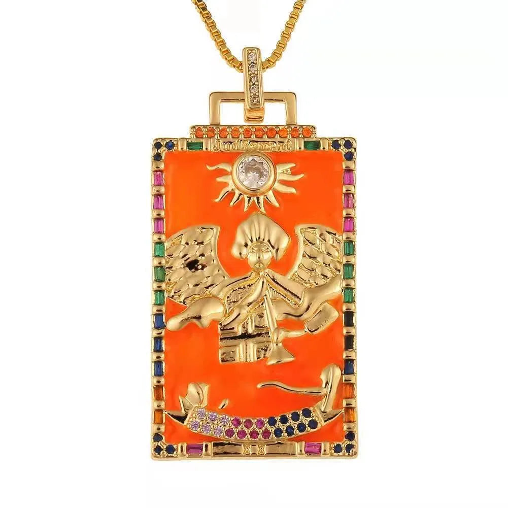 Copper Enamel Card Zircon Pendant Necklace