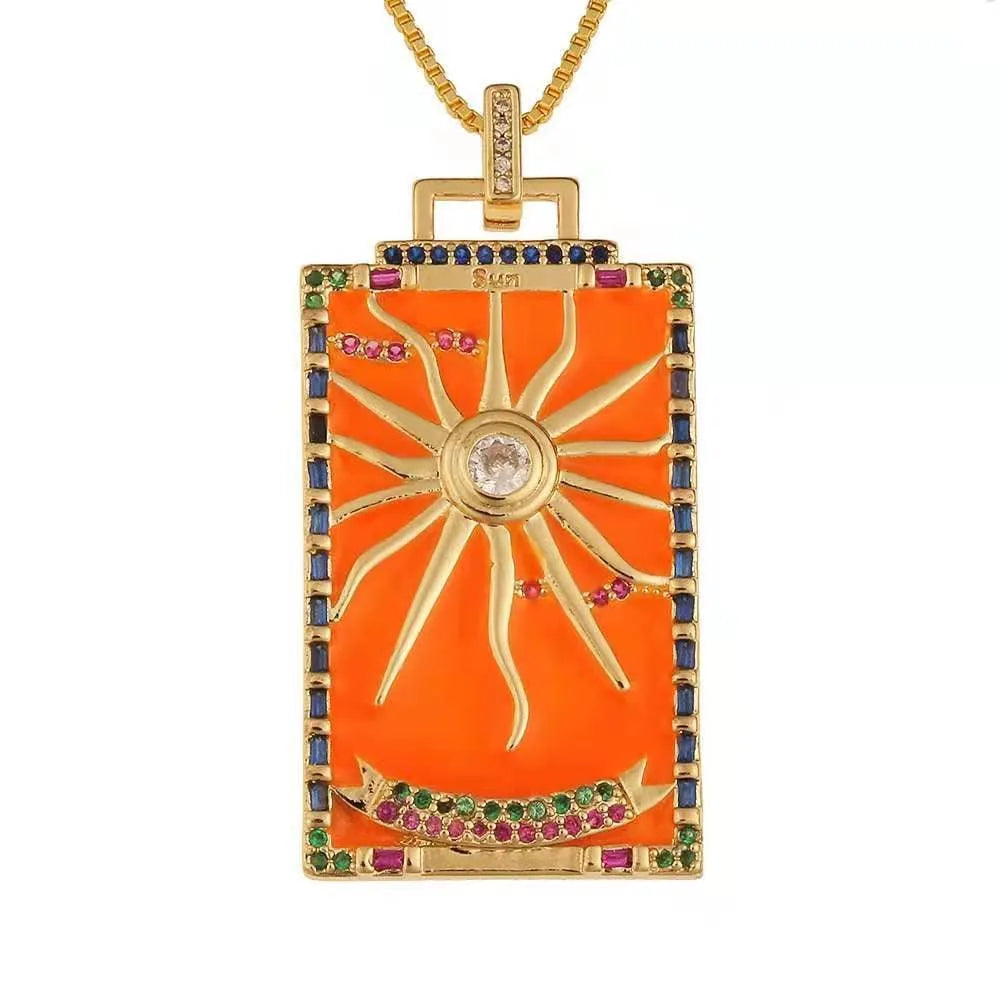 Copper Enamel Card Zircon Pendant Necklace