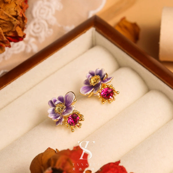 Copper Enamel Glaze Flower Geometric Dripping Oil Women's Earrings